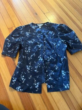 Rebecca Taylor Navy Floral Button-Front Blouse